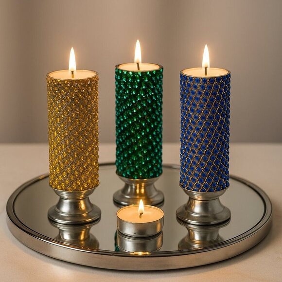 Designed by Irene Other - Set of 3 Handmade Rhinestone Spiral Candle Holders – Yellow, Green & Blue